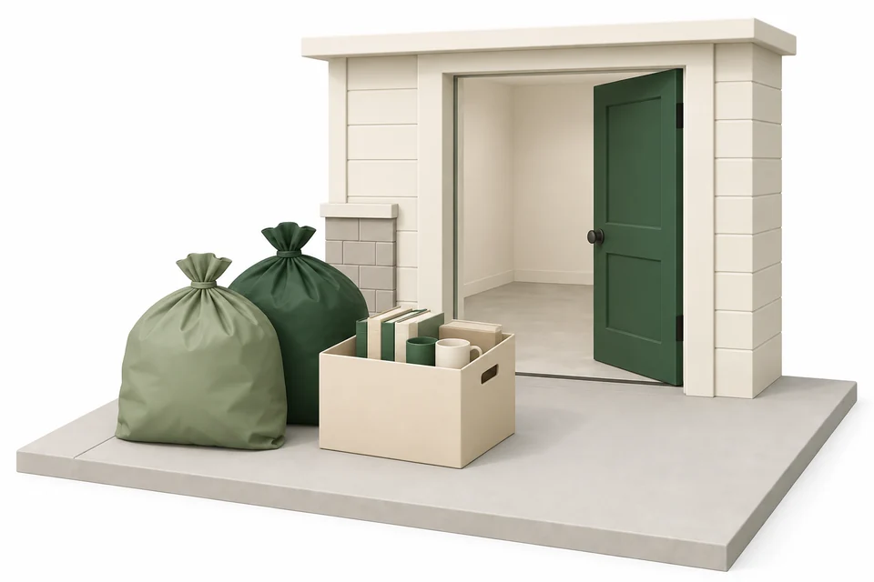 Two separate tied household bags and one filled box grouped outside an open doorway, with the entrance kept clear.