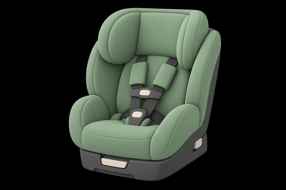 An empty child car seat with a harness and protective side wings.