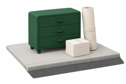 A dresser, rolled rug and box together outside, ready for pickup.