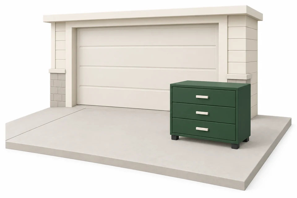 A dresser on an accessible driveway, away from the street.