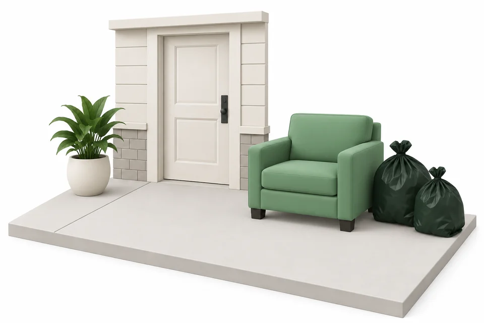 An armchair and two bags grouped to the right of an entry door, separate from a planted pot on the left that is staying.