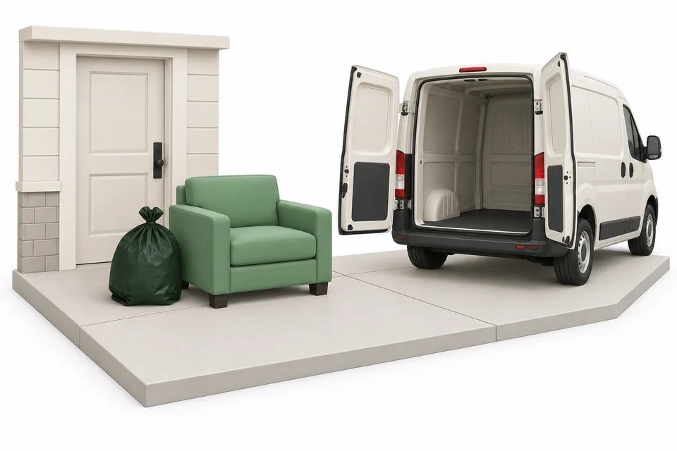 An armchair and tied bag set outside a closed front door, with an open pickup vehicle ready to load them.