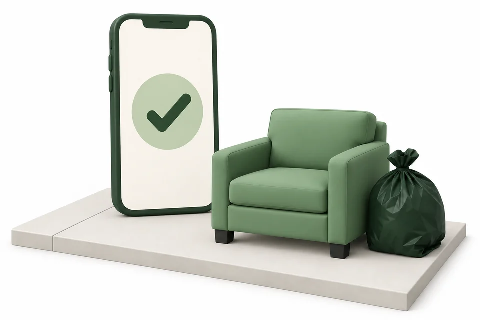 A booking confirmation on a phone, beside an armchair and bag ready outside.
