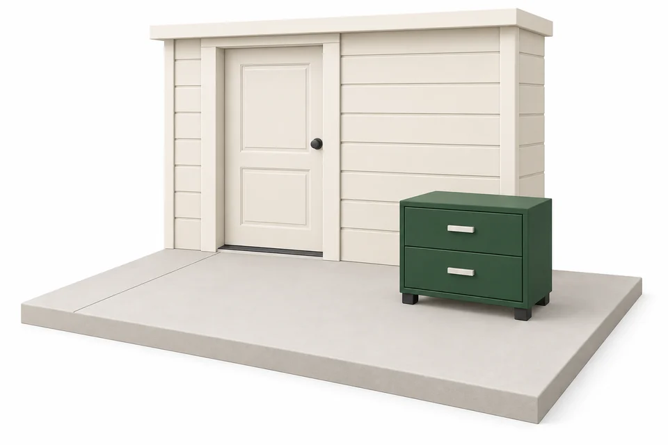 A chest outside a closed front door with a clear path for pickup.