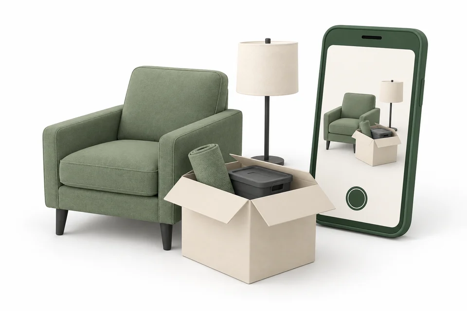A phone framing a photo of an armchair, a box of small items and a lamp.