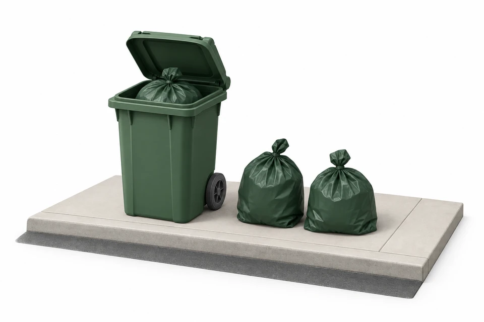 One trash bag inside a can and two beside it.