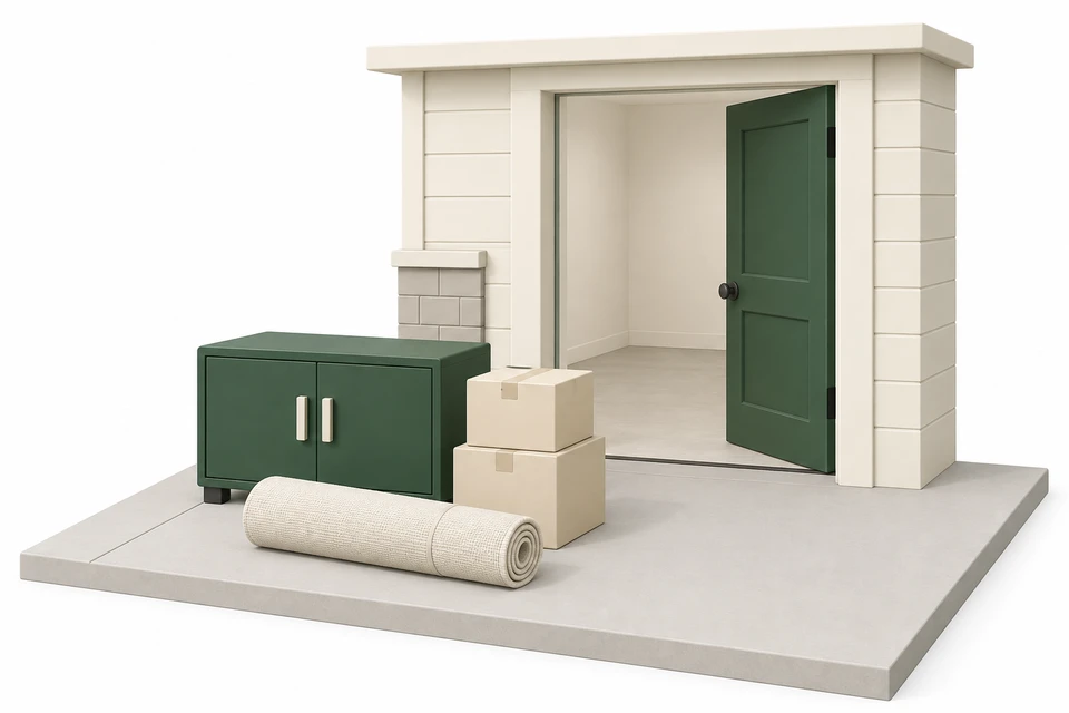 An empty doorway with a cabinet, rolled rug and two boxes already outside for removal.